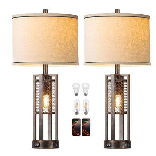 28'' Farmhouse Industrial Table Lamp Set of 2 - Rustic Bedside Nightstand Lamps with Dual USB A+C Ports, Bronze Metal Mesh Nightlight Desk Lamps for Bedroom Living Room, 4 LED Bulbs Included - color: Bronze-Set of 2