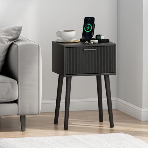 LAATOOREE Nightstands Set of 2, Small Side Table, Bedside Table with Fluted Door, Solid Wood Feet, Modern Mid-Century End Table for Bedroom, Small Space, Black - color: Black, style: Fluted Style