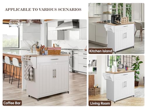Kitchen Storage Island, Wooden Rolling Kitchen Island On Wheels with Countertop, Mobile Kitchen Island Cart with Towel Rack, Spice Rack and Drawers, White - color: White