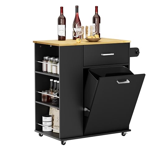 HQZX Rolling Kitchen Island with Trash Can Storage, Portable Kitchen Island on Wheels with Towel Rack & Spice Rack, Tilt Out Trash Can Cabinet with Drawer, Mobile Island Cart (Black) - color: Black