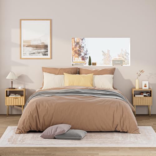 Night Stand,Modern Bedside Table with Drawer and Shelf,Light Oak Night Stand with Gold Frame,Small Side Table for Bedroom,Living Room - color: Oak Brown