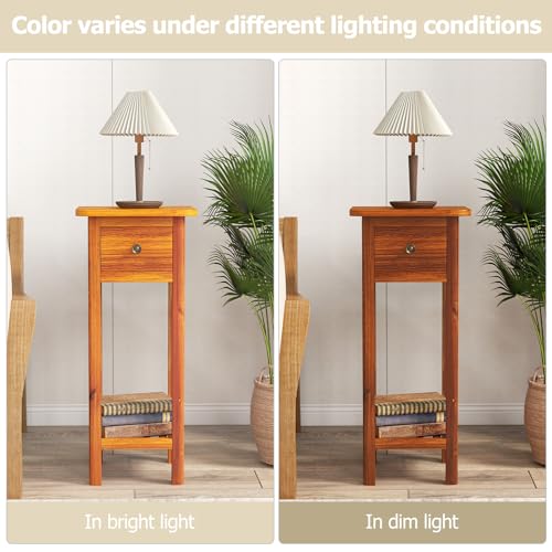 Giantex Narrow End Table with Drawer, Tall Acacia Wood Side Table with Bottom Shelf, Modern Bedside Tables, 2-Tier Nightstand for Small Spaces Bedroom Living Room, No Assemble Required, Brown - color: Brown