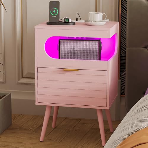 Veegle Nightstand,Modern Bedside Table with Storage Drawer and Open Wood Shelf, Accent Night Stand with Solid Wood Legs for Living Room, Bedroom and Small Spaces,Easy Assembly (Pink-1) - color: Pink-1