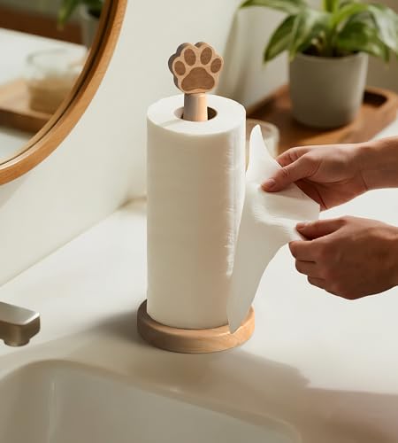 KitchLife Cute Wooden Paper Towel Holder Countertop - Solid Freestanding Paper Towel Dispenser Stand Organizer with Anti-Skid Base (Paw) - style: Paw