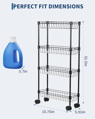 4-Tier Slim Rolling Storage Cart, 5.91" Wide Narrow Metal Utility Cart on Wheels, Multi-Functional Adjustable Shelving Unit with Anti-Fall Pads for Kitchen Gap, Bathroom, Laundry Room, Black - size: 4-tier