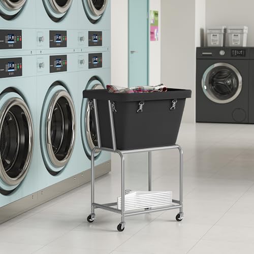 ELYKEN Rolling Laundry Hamper with Wheels, Removable Bag, Laundry Cart | Heavy Duty Metal Frame, 2-Tier Clothes Basket with Shelf, Ideal for Closet, Bedroom, Bathroom & Laundry Room - color: Black, size: 20.3"L x 15.9"W x 30.9"H