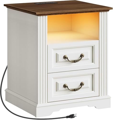 RALGEND Farmhouse Nightstand with Charging Station, Night Stand with 2 Drawers, End Tables Living Room, LED Bed Side Table with Open Shelf, End Table for Bedroom, Living Room, White and Walnut - color: White and Walnut