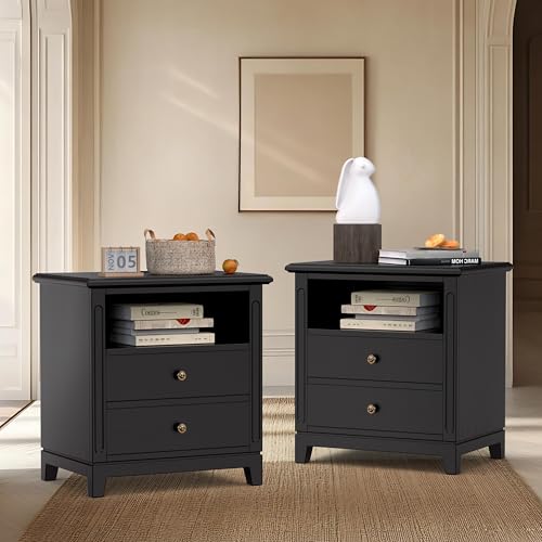 24" Wide Farmhouse Nightstand with Charging Station, Solid Wood End Table with 2 Large Drawers & Open Shelf, Bedside Table with USB Ports and Outlets, Side End Table for Bedroom - color: Black
