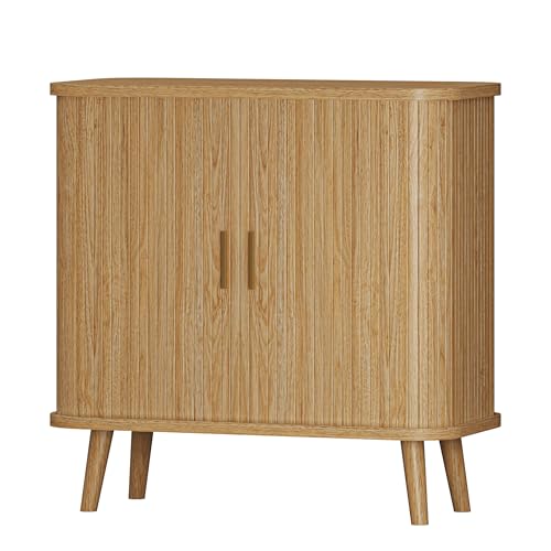 Xixini Sideboard Buffet Cabinet with Sliding Door, 31.5" Wide Fluted Modern Accent Cabinet with Adjustable Shelves, Wood Coffee Bar Buffet Console Table for Kitchen, Dining Room, Living Room, Oak - color: Oak