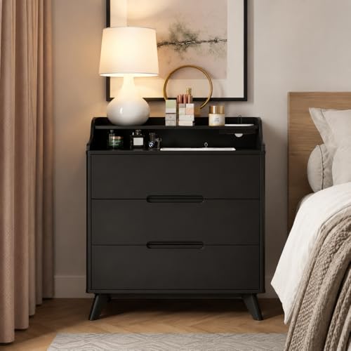 35" Large Night Stand Set of 2 with Charging Station, 3 Drawer Nightstand | Spacious Drawers, Pre-Installed Slide, Wood Bedside Table, Modern End Table, Nightstand for Bedroom Sofa Couch, Black - color: Black, size: Large (3 drawer)