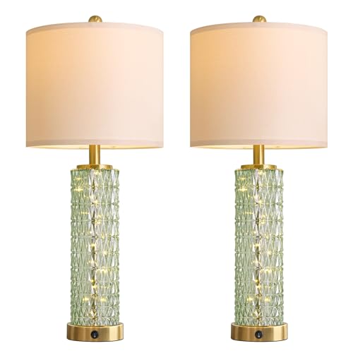 Oneach 27.75" Modern Table Lamps Set of 2, Green Bedside Lamp with Glass Nightlight, USB A+C, Unique Desk Lamps for Living Room, Bedroom, Nightstand, End Table (2 Bulbs Included) - color: Green - White Shade