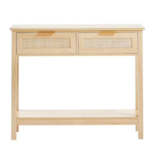 VEVOR Rattan Console Table with 2 Storage Drawers, Rattan Entryway Table with Natural Rattan Sliding Door, Console Sofa Table for Living Room, Study, Entryway Or TV Wall, Natural - size: 2 Drawers-Rectangular