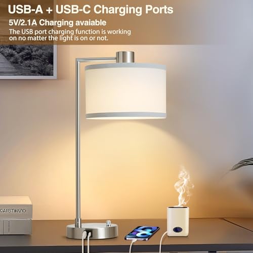 Luvkczc Table Lamps for Living Room with USB C+A Ports - Fully Stepless Dimmable Bedsides Lamp with Linen Lampshade, Lamps for Night Stands Bedroom Reading Office, 2 LED Bulbs Included (Silver) - color: Silver