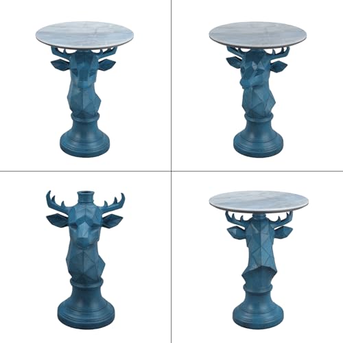 Modern Deer Head Sculpture Side Table, Round Metal End Table with Geometric Animal Base, Industrial Accent Table for Living Room, Bedroom, Office, Dark Bronze Finish - color: Deer - Blue Geometric
