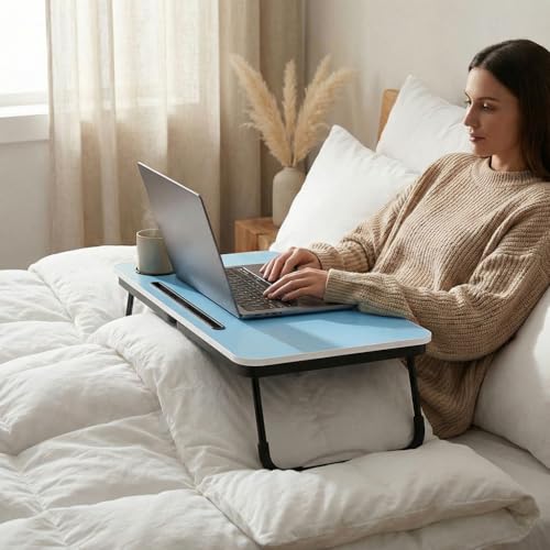 BUYIFY 23.4" Foldable Lap Desk Bed Table with Cup Holder Portable Tray | Folds Flat for Easy Storage, No Assembly Laptop Bed Desk, Sturdy and Lightweight, Patent Design, Blue - color: Blue
