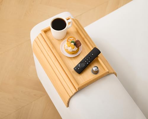 Bamboo Couch Arm Tray Table,Foldable Sofa Armrest Tray Table for Couch,Flexible and Anti-Slip Couch Arm Cup Holder,Portable Sofa Arm Chair Table for Drink,Cups, Eats,Snacks, Phone, Remote - color: Bamboo