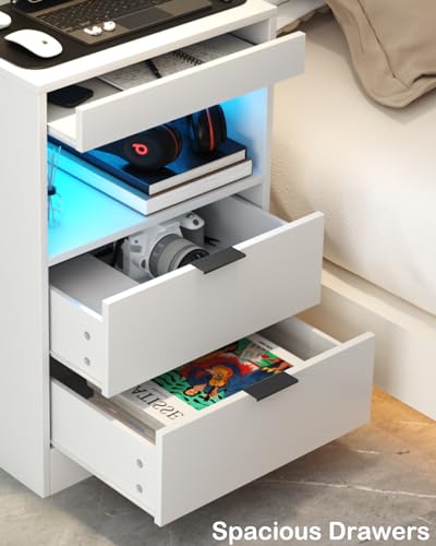 Gadroad LED Nightstand with Charging Station, Bedside Table with USB Ports & Power Outlets, Modern Night Stand with Drawers for Bedroom Small Spaces, White - color: White