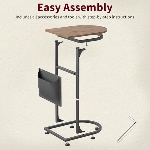 C Shaped End Table, Slide Under Small Side Table for Couch & Small Spaces | Wobble-Free C Table, Rustic Brown, Storage Bag, Sturdy Metal Frame, Wood Top, For Living Room Bedroom, 15-Min Quick Assembly - color: Classic Rustic Brown