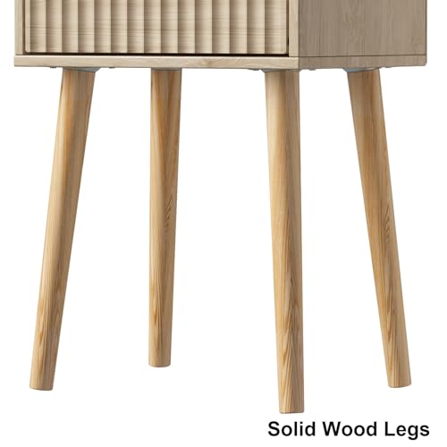 LAATOOREE Nightstands Set of 2, Small Side Table, Bedside Table with Fluted Door, Solid Wood Feet; Modern Mid-Century End Table for Bedroom, Small Space (Natural) - color: Natural, style: Fluted Style