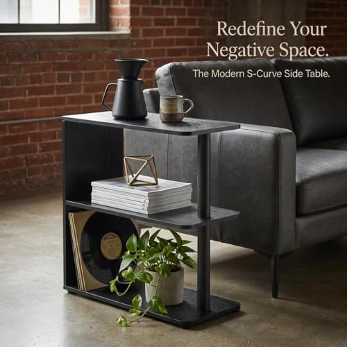 3-Tier Narrow End Table, Industrial Slim Side Table for Small Spaces, Sofa Couch Table Accent Nightstand with Storage Shelves for Living Room, Bedroom, 22.5" L x 10" W x 21.5" H, Black - color: Black
