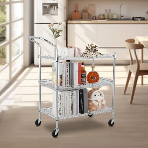 TrailBlaze Kitchen Utility Cart, 3-Tier Wire Rolling Utility Cart, Stainless Steel Service Cart w/Wheels and Adjustable Storage Rack Handle - for Laundry, Garage, Bathroom - High Handle - size: 3-Tiers high handle