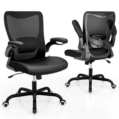 MUXX.STIL Office Chair, PU Leather Ergonomic Desk Chair with Adjustable Lumbar Support and Flip up Armrest, Breathable Mesh Computer Chair for Home Office, Black - color: Nori Black (Pu Leather Seat)