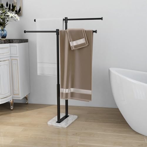 Free Standing Towel Racks Matte Black 2-Tier Towel Holder for Bathroom Floor Stand with Heavy Marble Base Thicken Steady Design Stainless Steel