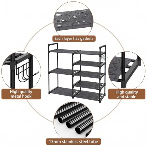 5 Tier Shoe Rack Black Tubes Shoe Rack with Oxford Fabric Lightweight Shoes Storage with Hooks Sturdy Vertical Shoe Rack Keep Dirt from Falling for Closet Entryway Garage-Easy to Assemble