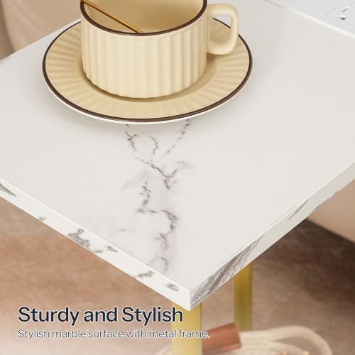 HOOBRO Side Table with Charging Station, Set of 2 End Tables with USB Port and Outlet, Nightstand with 2-Layer Storage Shelves for Small Spaces, Living Room, Bedroom, Gold and Marble DM09UBZP201 - color: Marble + Gold