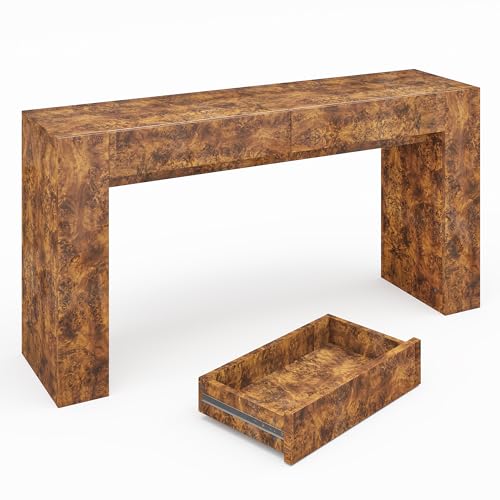 AMERLIFE 63-Inch Modern Burl Wood Console Table with High Gloss Finish, Long Sofa Table with 2 Storage Drawers for Entryway, Hallway, Foyer or Living Room, Brown - color: Walnut