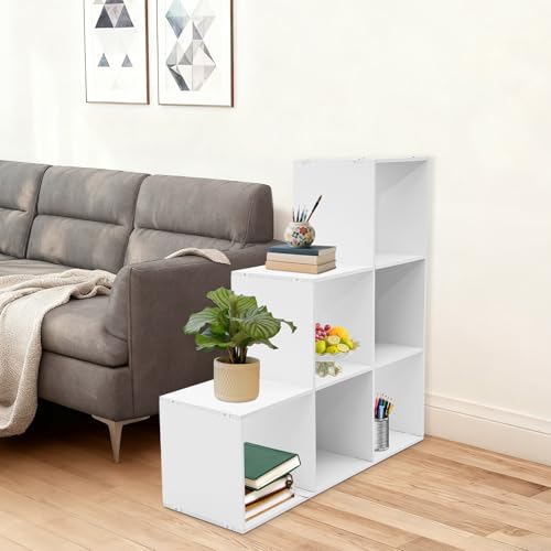3-Tier Stepped Bookshelf, 6 Cube Storage Organizer Floor Standing Storage Shelf Modern Open Bookshelf for Home and Office (White) - size: 6 Cube L-Shaped