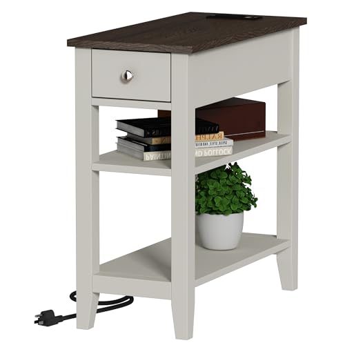 ChooChoo Farmhouse End Table with Charging Station, Narrow Side Table Living Room with USB Ports & Power Outlets and Hidden Drawer,White and Brown - color: Farmhouse White
