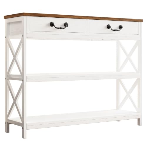 IRONCK 39.4" Farmhouse Console Table with Storage, Narrow Entryway Table with 2 Drawers & 2 Shelves, Industrial Wood Sofa Table for Living Room/Hallway, White/Walnut - size: 39.4inch