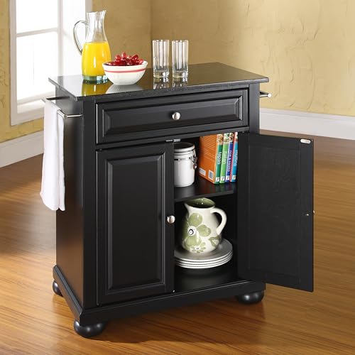 Crosley Furniture Alexandria Granite Top Small Portable Rolling Kitchen Island Storage Cart, Microwave Stand, Black - color: Black, style: Solid Black Granite Top