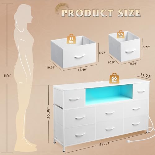 WLIVE White Dresser TV Stand for 45, 50, 55 inch TV, Entertainment Center with LED Lights & Charging Station, Chest of Drawers with 8 Fabric Drawers and Open Shelves for Living Room, Hallway, Wood Top - color: White