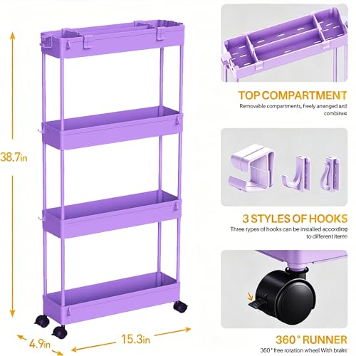SPACELEAD Slim Storage Cart 3 Tier,Bathroom Organizer Rolling Utility,Mobile Shelving Unit Slide Out for Office, Kitchen, Laundry Room & Narrow Places,Purple - color: Purple