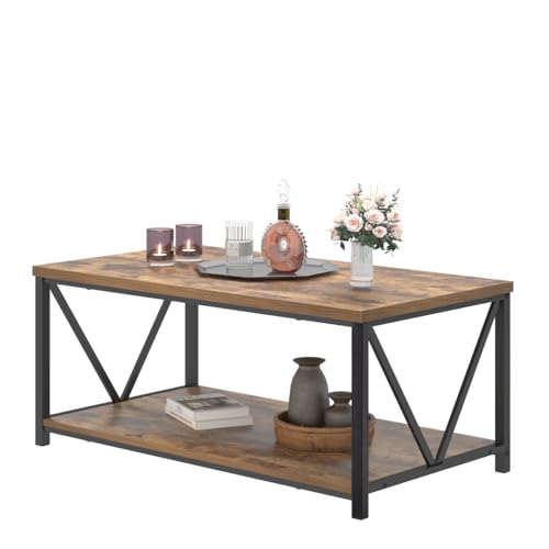 EXCEFUR Modern Coffee Table, Industrial Metal and Wood Living Room Table with Storage Shelf, Rustic Brown - color: Rustic Brown, size: 39 inch