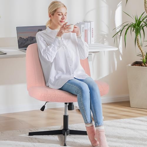 OLIXIS Criss Cross Chair, Vanity Chair, Home Office Desk | Cute Furry Teddy Fleece, Height Adjustable, Armless Wide Seating for Bedroom Student Study Room,Teddy Pink No Wheel - color: Teddy Pink