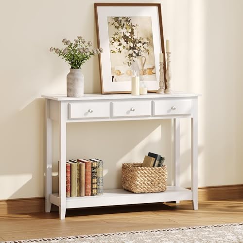 Yaheetech Console Table with 3 Drawers, 42" Entryway Table with Storage Shelves, Narrow Long Sofa Couch Tables for Living Room, Hallway, Foyer, Hall, White - color: White
