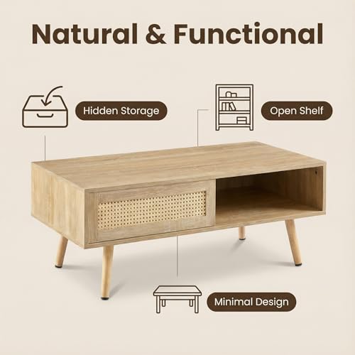 Meihua Rattan Coffee Table with Sliding Door Storage, Mid Century Modern Center Table with Open Shelf and Hidden Compartment, Natural Wood Coffee Table with Solid Wood Legs for Living Room, Apartment - color: Natural