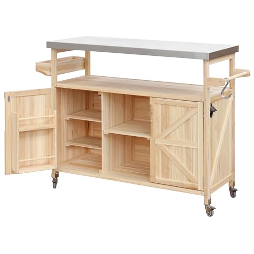 Merax 50" Outdoor Kitchen Grill Cart Island on Wheels with Stainless Steel Top,Farmhouse Style Solid Wood Frame Storage Cabinet for Patio - color: Natural