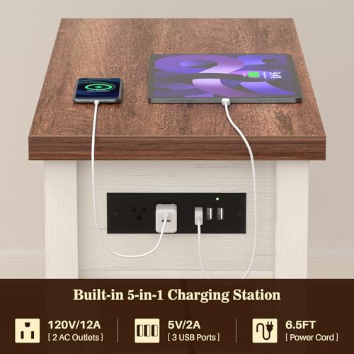 Narrow End Table with Charging Station - Farmhouse Side Table with Drawer, 14" Wide Wood Nightstand Slim Couch Bedside Table for Living Room Bedroom Small Spaces, 2-Tone Antique White & Brown - color: Antique White & Brown, size: 1 Pack