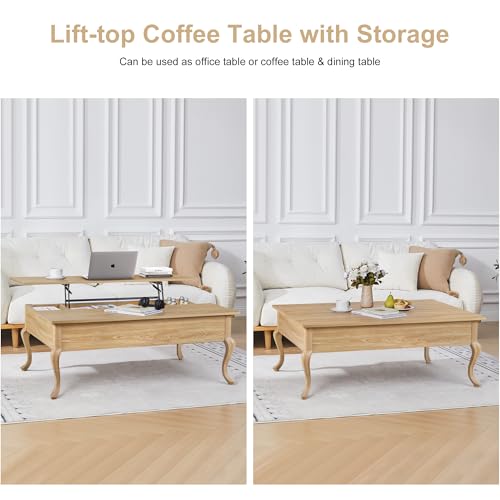 Lift Top Coffee Table, Farmhouse Coffee Table with Hidden Storage, Wood Center Table Dining Table for Living Room, Apartment, Home Office (Natural)