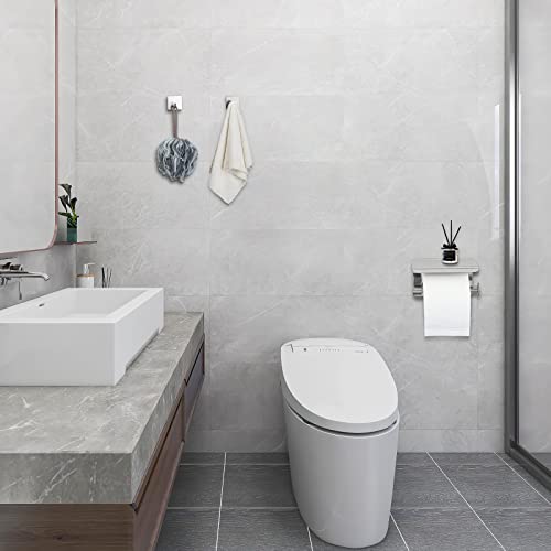Self Adhesive Toilet Paper Holder with Phone Shelf Stainless Steel | Wall Mounted, Rustproof, 3M Adhesive, Includes 2 Hooks, No Drilling Required - color: Shiny