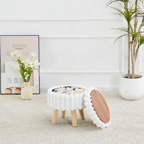 Wimarsbon Storage Ottoman, Modern Round Footrest with Soft Padded Seat, Teddy Velvet Footstool with Wood Legs, Accent Small Table or Plant Stand for Hallway, Living Room (White) - color: White
