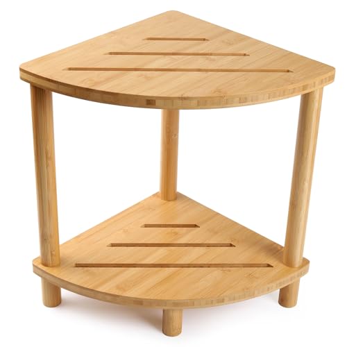 Upgraded Bamboo Corner Shower Stool for Inside Shower Waterproof,2-Tier Shower Foot Rest with Storage Shelf,Corner Shower Shelf Bench Caddy Shaving Leg,Bath Seat,Gifts for Women Mom - style: GU-QZST05