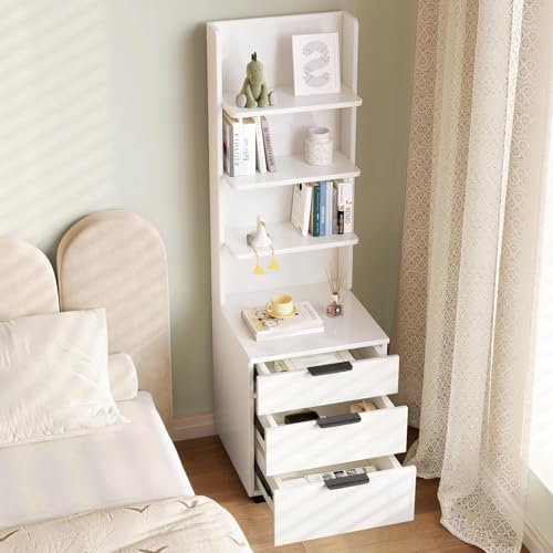 Night Stand, Tall Nightstand with 4-Tier Shelves and 3 Drawers, Bed Side Table for Bedroom, Hallway, Study Room and Home Office