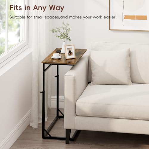 Vagusicc C Shaped End Table with Charging Station, Large C-Table End Table Adjustable Height Side Table for Couch, Couch Table Slide Under Sofa Table TV Tray Table for Sofa, Living Room, Bedroom,Brown - color: Rustic Brown, style: With Plug