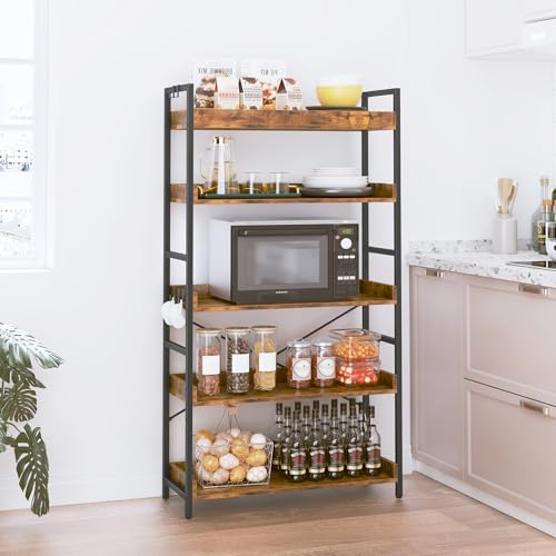 HCHQHS 5 Tier Bookshelf, Adjustable Industrial Bookcase, Vertical Tall Book Shelf, Wood and Black Metal Open Bookshelves for Home Office, Living Room, Bedroom - color: Rustic Brown, size: 5-Tier (31.5"W x 57"H)