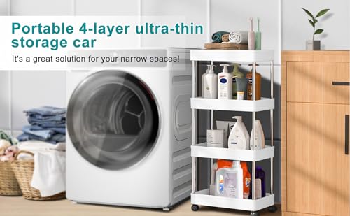 YSSOA Rolling Storage Cart, 4 Tier Slim Mobile Shelving Unit for Storage,360° Rotating Wheel Lockable Utility Cart,Great for Office, Kitchen, Bathroom, Laundry or Narrow Spaces, White - size: 4-Tier 16"Dx5"Wx33"H